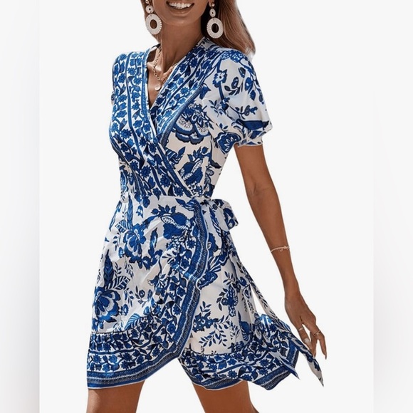 Boho Floral Print Short Sleeve Wrap V Neck Ruffle Hem A Line Dress - Picture 2 of 6